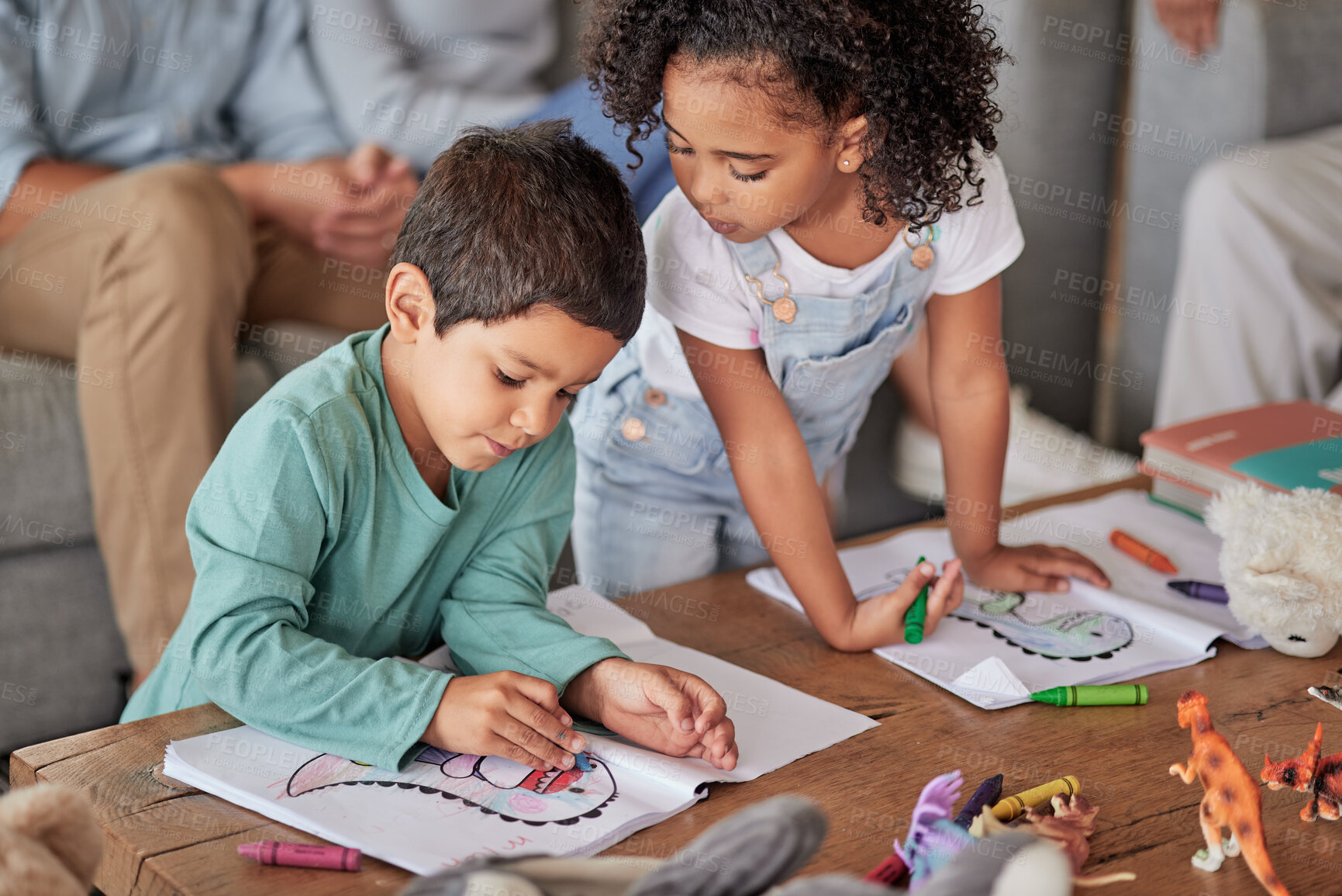 Buy stock photo Creative, family and children drawing learning creativity from an educational and artistic preschool project together. Girl, kids and siblings in kindergarten students coloring in pictures in a book 