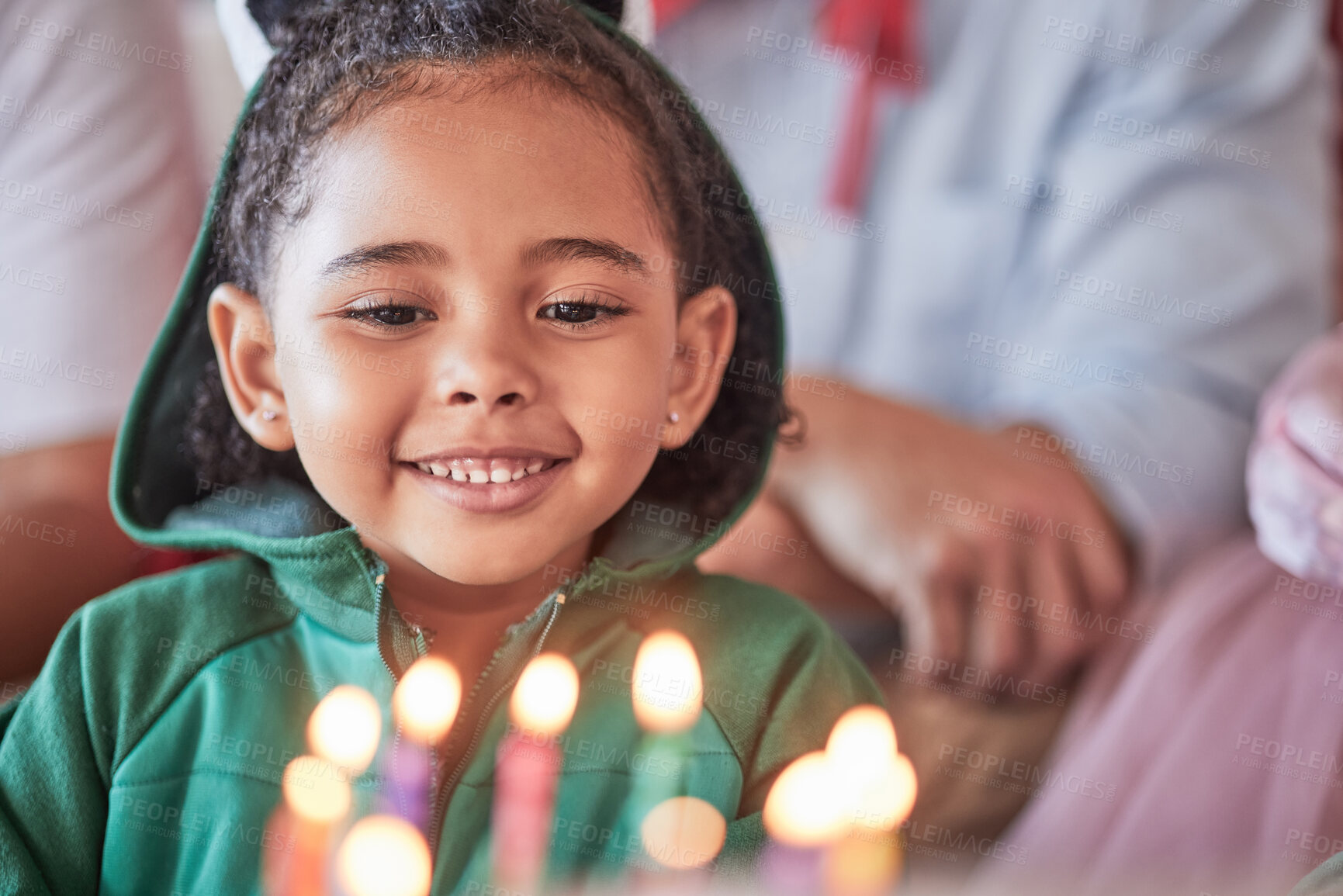 Buy stock photo Birthday, party and birthday cake with girl looking happy and excited to blow candles in celebration of her social day. Family, children and a cheerful black child smile, sweet and ready for a snack