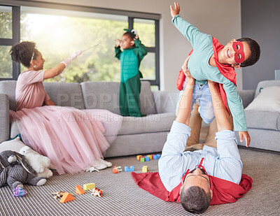 Buy stock photo Family, parents and play costume with children for fun bonding and entertainment in home together. Excited, happy and young mother and father enjoy fantasy role play weekend game with kids.
