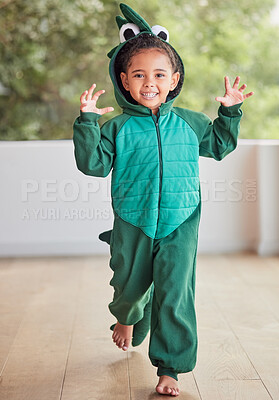 Buy stock photo Creative, child and halloween costume by girl running in a crocodile suit, playing and laughing at home. Fantasy, happy and face of a kid excited to celebrate a fun festival, enjoying a break to play
