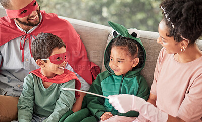 Buy stock photo Happy family, halloween and bonding on a sofa with children looking happy and excited in their costume. Love, creativity and fun parents playing with their kids in a living room, relax and playful 