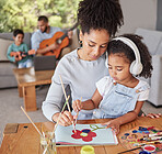 Mother, girl and paint in living room, learning, family and together painting and music in their home. Black woman, kids and art to relax and for education, with father, boy and guitar for teaching