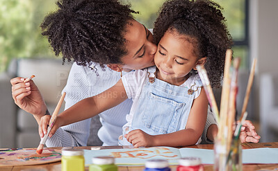 Buy stock photo Creative, art and mother painting with her child with colorful paint, paint brush and paper. Creativity, love and care between a happy mom and girl doing a hobby or education project together at home