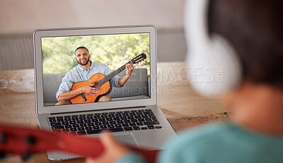 Buy stock photo Learning guitar, video call and instructor teaching a girl an instrument, live streaming class and communication on virtual broadcast on internet. Student musician learning to play with tutor on web