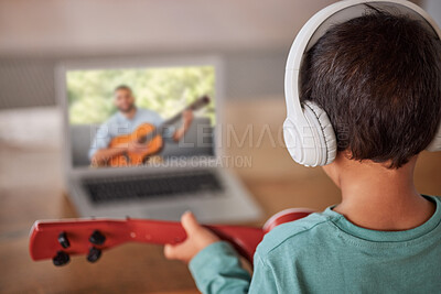 Buy stock photo Education, laptop and child with guitar learning how to play on remote lesson, e learning or streaming tutorial video. Talent, online musician course or creative kid study music with teacher or coach