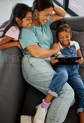 Buy stock photo Relax, mother and streaming on tablet with children for entertainment on sofa in cozy family home. Philippines mom bonding with young kids watching internet cartoon together on video app.