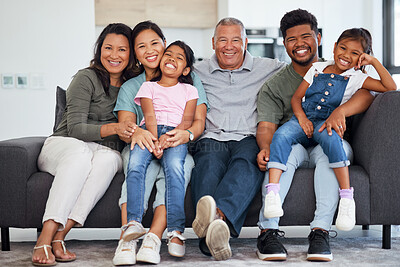 Buy stock photo big family, portrait and happy smile relax on sofa enjoying bonding time together in Mexico living room at home. Mother, father and children with grandparents smiling and relaxing happiness on couch