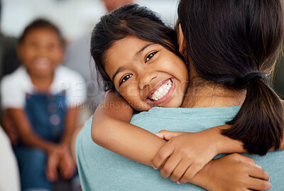 Buy stock photo Girl, mother and bonding hug in house or home living room in trust, support or security embrace. Portrait, smile or happy child in adoption success in India, mothers day celebration or family reunion