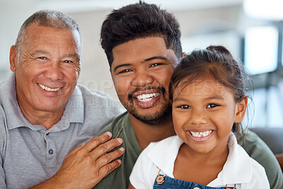 Buy stock photo Filipino family and happy portrait with senior grandfather and children relaxing together in home. Father, parent and young girl enjoy bonding time in house with age gap relatives.