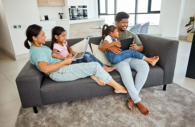 Buy stock photo Family, children and technology with a girl, sister and parents streaming an online subscription service in a living room. Tablet, laptop and internet with a mother, father and daughters in the home