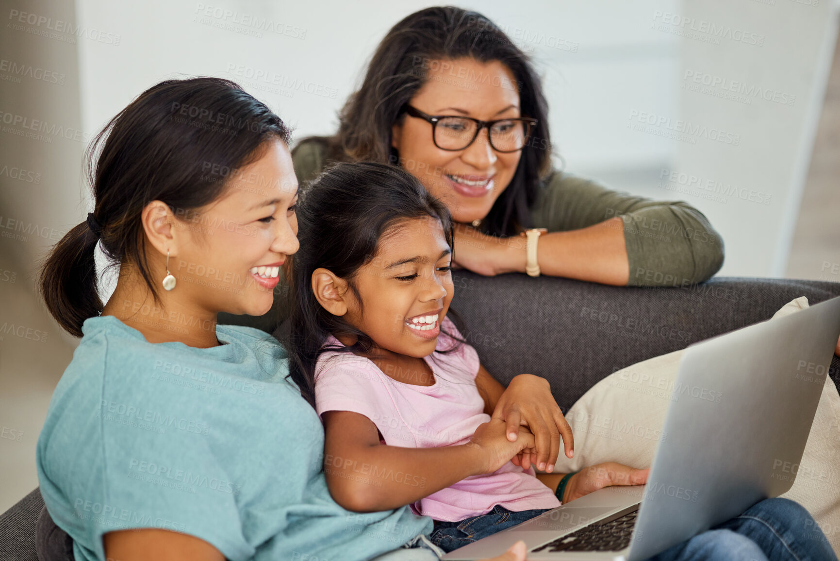 Buy stock photo Family, children and laptop with a girl, mother and grandmother streaming an online subscription service in the house. Love, computer and visit with a senior woman, daughter and granddaughter at home