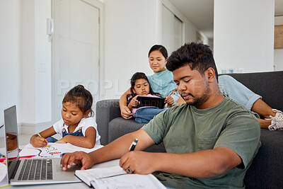 Buy stock photo Family, children and education with a father working from home and his daughter doing homework for school. Learning, remote work and studying with a young girl and her dad busy in the living room