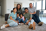 Portrait, smile and big family love home quality time, having fun and bonding together in Mexico. Mother, father and children with their grandparents enjoy relaxing, happy and smiling in living room