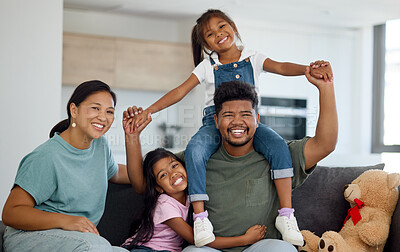 Buy stock photo Relax, portrait and happy family in New Zealand love to enjoy the weekend, quality time and having fun together. Happiness, children and sisters smiling with a proud mom and playful father at home