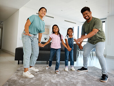 Buy stock photo Happy family, love and dance portrait of children, mom and dad having fun, bond and enjoy quality time together. Happiness, energy and smile from Malaysia family kids and parents in home living room