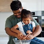 Cooking, girl and father bonding in help with dessert, breakfast or sweet recipe in house or family home kitchen. Smile, happy or fun child with Brazilian man learning healthy food and wellness diet