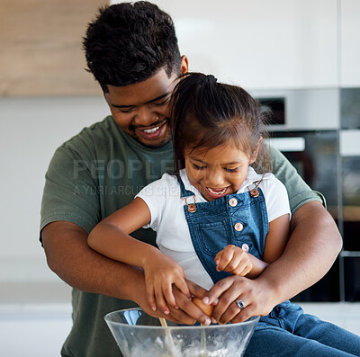 Buy stock photo Cooking, girl and father bonding in help with dessert, breakfast or sweet recipe in house or family home kitchen. Smile, happy or fun child with Brazilian man learning healthy food and wellness diet