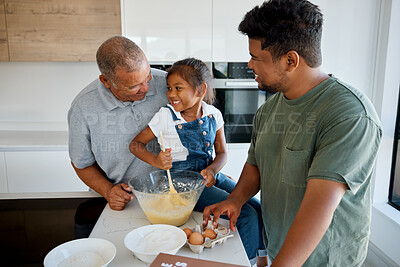 Buy stock photo Family, love and cooking with a girl, father and grandfather baking together in the kitchen of their home. Food, learning and teaching with a daughter, dad and grandad preparing a meal in a house