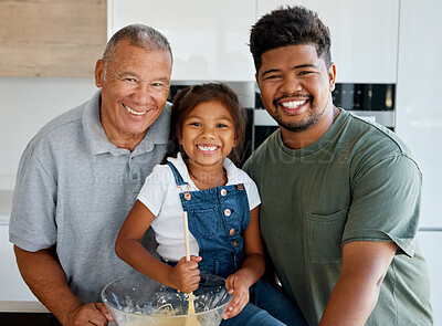 Buy stock photo Family baking, food portrait and girl cooking with grandparent and father, happy in the kitchen together and preparing lunch with love in house. Child, dad and elderly person with smile making dinner