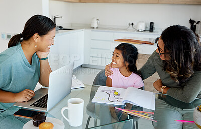 Buy stock photo Education, learning and working with a girl or student studying while her mother does remote work from home. Homeschool, entrepreneur and tutor with a child and parent at work in their home
