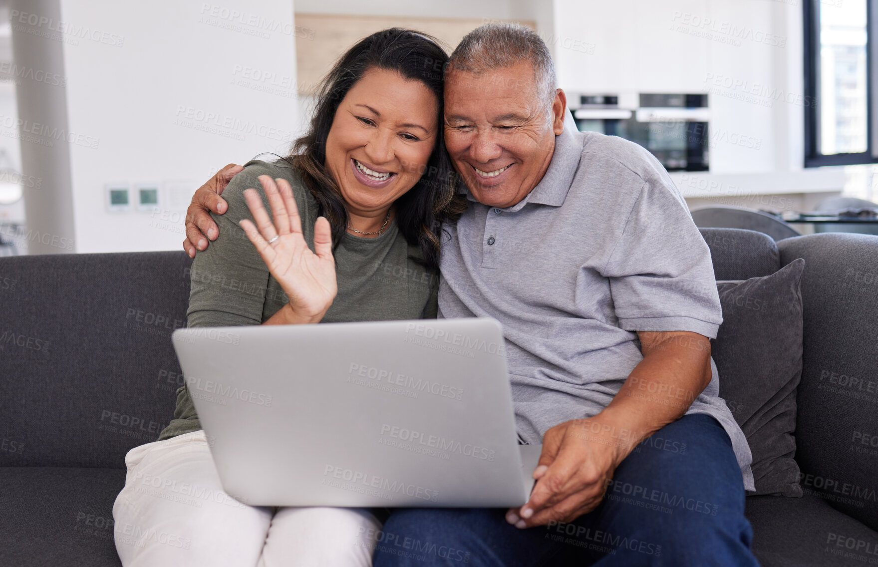 Buy stock photo Retirement, video call and laptop with couple on sofa for communication, digital and internet. Happy, technology and online with elderly man and old woman in living room for family, website and relax