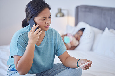 Buy stock photo Covid, mother and call in bedroom with phone for communication with doctor for child healthcare. Anxious, worried and stressed Filipino mom on smartphone for advice on thermometer reading.
