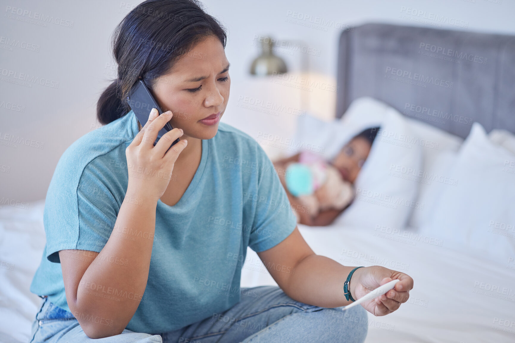 Buy stock photo Covid, mother and call in bedroom with phone for communication with doctor for child healthcare. Anxious, worried and stressed Filipino mom on smartphone for advice on thermometer reading.