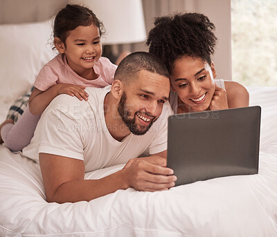 Buy stock photo Brazilian family, laptop and girl bonding in house, home or hotel bedroom for movie streaming, zoom video call or social media show. Smile, happy and relax couple with child and multimedia technology