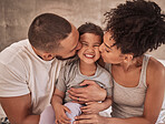 Mother, kiss and father bonding with boy in home, house or hotel bedroom in trust, security and love. Smile, happy or excited son, child and kid with fun, playful face expression or Brazilian parents