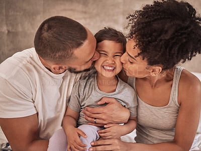 Buy stock photo Mother, kiss and father bonding with boy in home, house or hotel bedroom in trust, security and love. Smile, happy or excited son, child and kid with fun, playful face expression or Brazilian parents