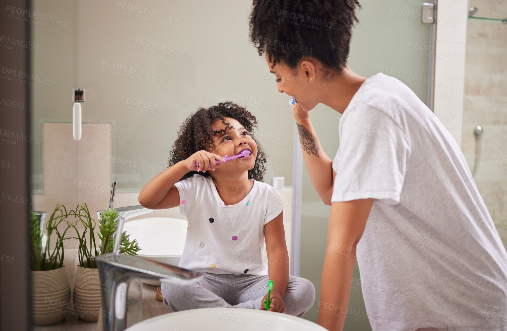 Buy stock photo Family morning, dental cleaning and mother teaching child to brush teeth in bathroom, care for mouth health and smile for healthcare with toothbrush. Girl happy learning about dentistry with mom