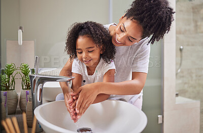 Buy stock photo Family, washing hands and child with mom rinsing, cleaning and good hygiene against bacteria or germs for infection or virus protection in bathroom. Girl kid with woman for health and cleanliness
