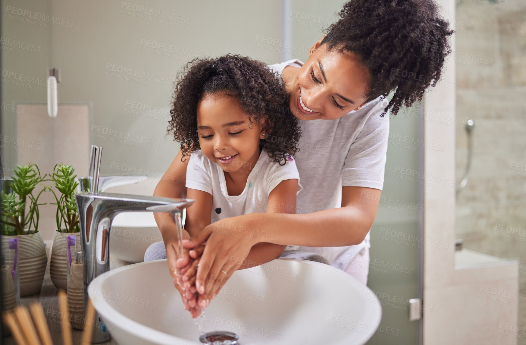 Buy stock photo Family, washing hands and child with mom rinsing, cleaning and good hygiene against bacteria or germs for infection or virus protection in bathroom. Girl kid with woman for health and cleanliness

