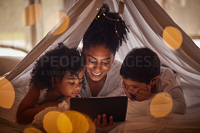 Buy stock photo Family, children and tablet with a mother, girl and boy camping at home below a blanket in the bedroom. Reading, internet and kids with a woman, her son and daughter bonding together in their house