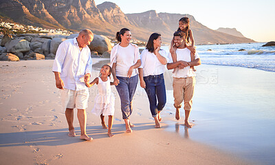 Buy stock photo Big family, children or girls bonding on beach on summer sunset holiday, social reunion or vacation. Smile, happy and walking parents, mom and dad with relax senior grandparents and kids in Cape Town
