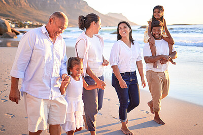 Buy stock photo Big family, children and beach vacation with parents and grandparents enjoying summer travel on fun on tropical trip. Walking, bonding and happy men, women and girl kids on South Africa holiday
