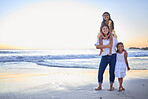 Mother, children and bonding on beach in fun carrying game by sea, ocean or water waves in Costa Rica. Family portrait, smile or happy woman, mother or parent and comic girls or kids on summer travel