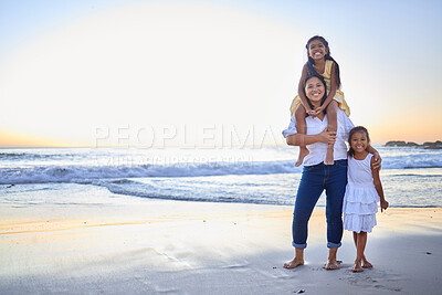 Buy stock photo Mother, children and bonding on beach in fun carrying game by sea, ocean or water waves in Costa Rica. Family portrait, smile or happy woman, mother or parent and comic girls or kids on summer travel