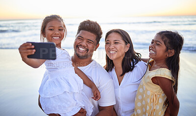 Buy stock photo Family selfie, happy beach and parents on ocean holiday with children in Cancun and smile for international vacation by the sea. Girl siblings taking photo on phone with mother and father in nature