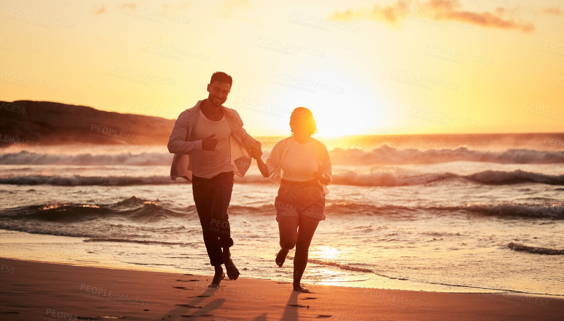 Buy stock photo Silhouette couple, beach sunset and running outdoors on summer vacation, honeymoon travel and tropical vacation in Maldives. Shadow man, love woman and relaxing ocean, dusk and happy sea fun together