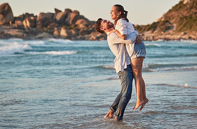 Buy stock photo Couple lift and hug at beach celebrate dating love, care and trust on ocean summer travel or Bali vacation. Excited man and woman happy, smile and happiness together enjoy romantic Hawaii sea holiday