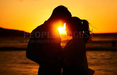 Buy stock photo Silhouette couple, beach sunset and love outdoors on summer vacation, honeymoon travel and tropical holiday in Maldives. Shadow man, woman and ocean at dusk in nature, relax and calm valentines day