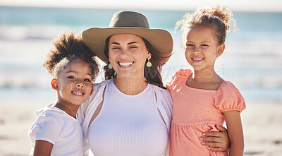 Buy stock photo Family, children and beach with a girl, mother and sister together by the ocean for bonding during summer. Nature, sea and love with a daughter, sibling and parent on vacation or holiday by the water