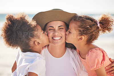 Buy stock photo Love, happy family and girl with mother at beach, kissing and bonding on a summer holiday in Mexico together. Travel, children and fun in Florida with parent enjoying freedom and affection with kids