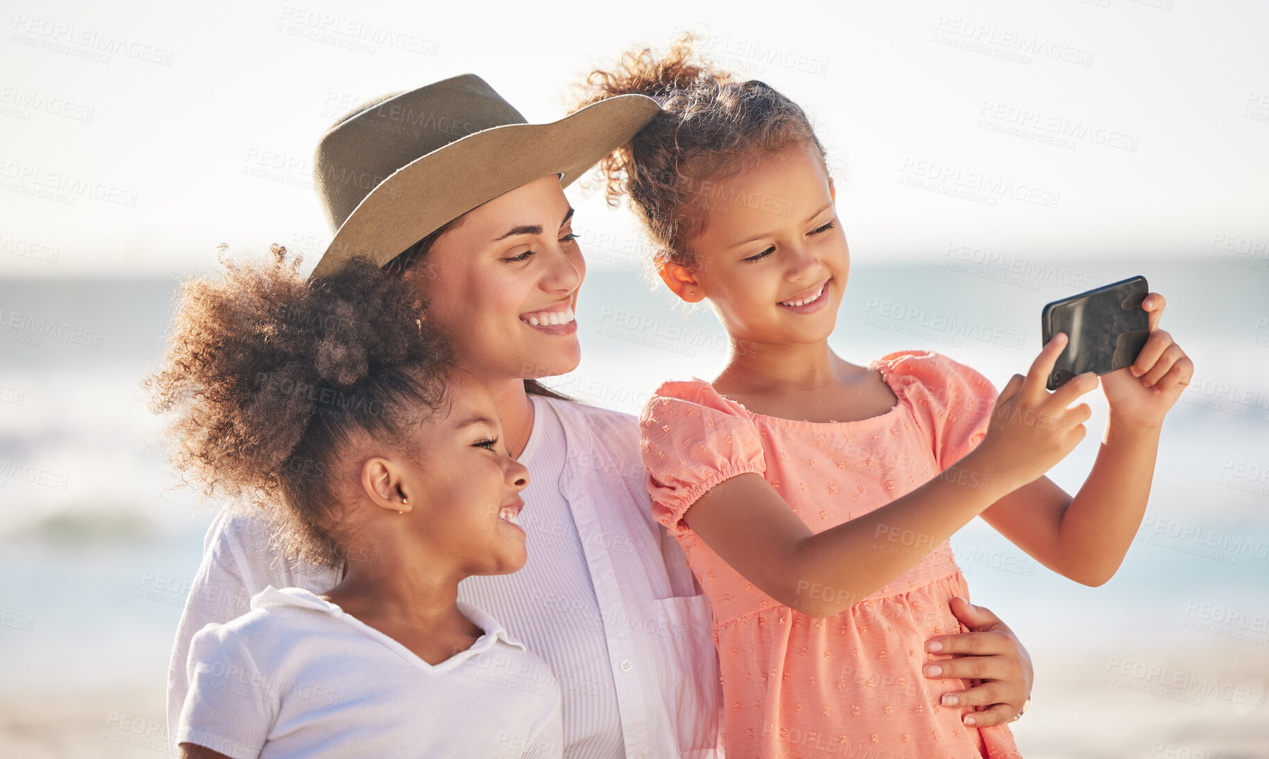 Buy stock photo Selfie, beach and mom with kids on family vacation, summer travel and relaxing fun in Colombia. Happy mothers day, smile girl children and taking photo on phone for love, sunshine holiday and freedom