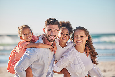Buy stock photo Happy family, beach portrait and smile on vacation, holiday or summer trip in Brazil. Relax, travel and caring mom, dad and girls walking with piggy back and bonding on ocean, sea and sandy shore.
