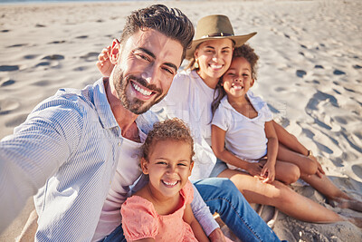 Buy stock photo Beach selfie, children travel and parents by ocean for holiday in Dubai, happy by sea with kids and family live streaming on vacation. Portrait of mother and father taking photo with girl siblings