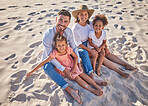 Travel, relax and sand with family at beach for Cancun Mexico vacation for summer, happy and love. Support, smile and portrait of parents and children on holiday for health, wellness and lifestyle