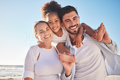 Buy stock photo Family, children and beach with a girl and parents by the sea or ocean for a holiday with a view in portrait. Kids, love and nature with a mother, father and daughter by the water during summer