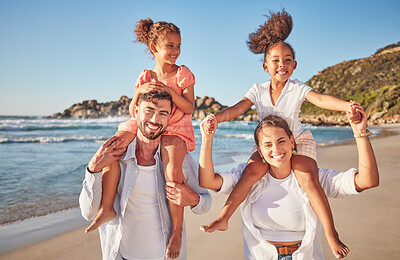 Buy stock photo Adoption, children and family beach portrait with interracial people enjoying Mexico holiday together. Love, support and care of foster parents giving happy kids a piggyback ride on ocean vacation.